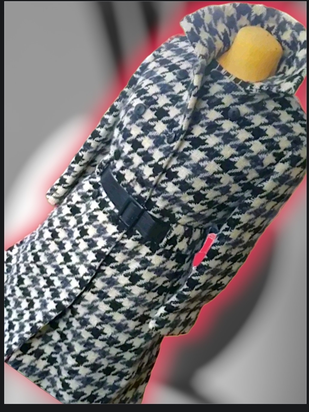 Vintage 60s Laurendale Wool Coat. Houndstooth,belted,funnel collar. MCM Mod sz S